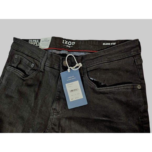 IZOD Slim Fit Jeans Mens 34x32 Jet Black NEW Ultra Softflex Sportflex IZ00JN22A - Picture 3 of 9
